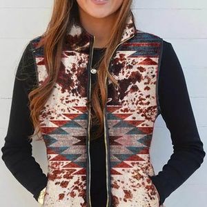 Aztec Cow Print, Geometric Zipper Vest NWOT